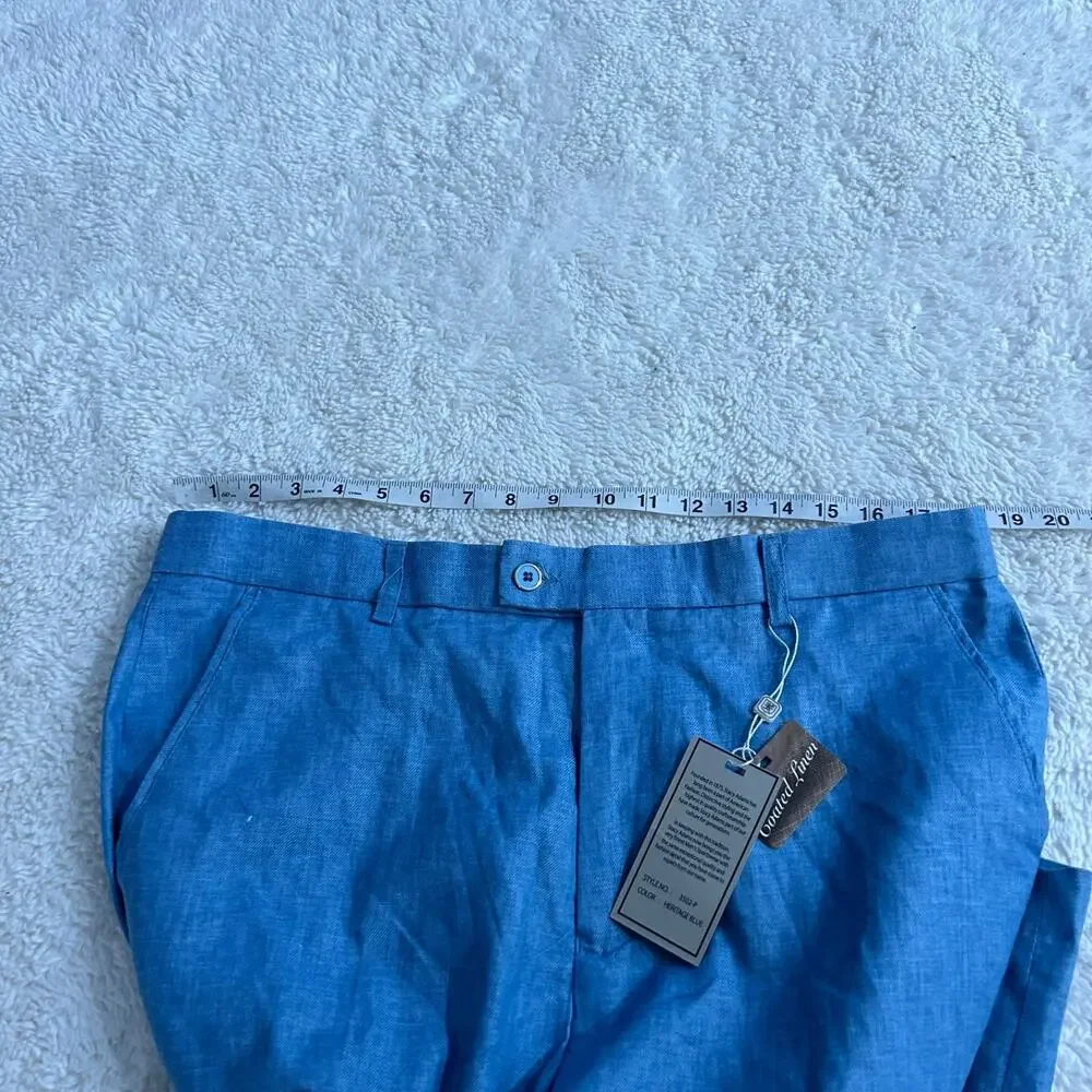 Stacy Adams Mens Blue Linen Derby Trousers Pants 36x32 Preppy Resort Summer